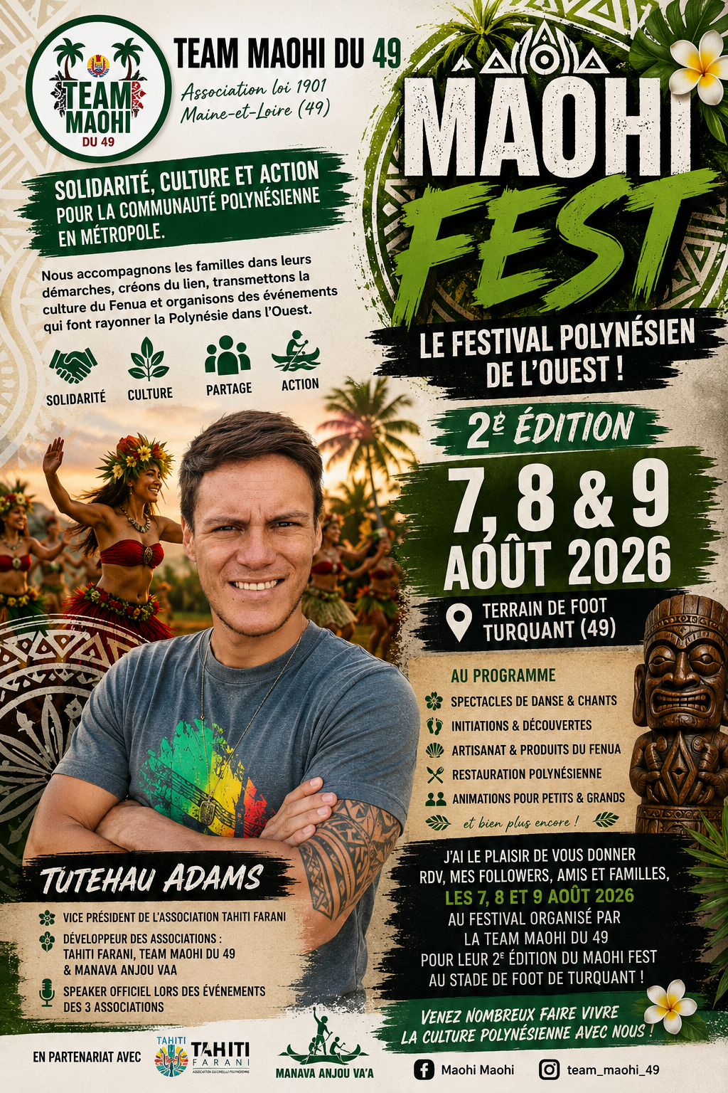 Affiche officielle du Maohi Fest 2026, les 7, 8 et 9 août à Turquant